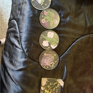 Handmade Round Resin Coaster Set (4) with Holder - Pink Flowers & Gold Foil